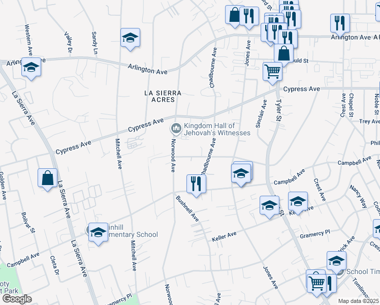 map of restaurants, bars, coffee shops, grocery stores, and more near 10555 Robinson Avenue in Riverside