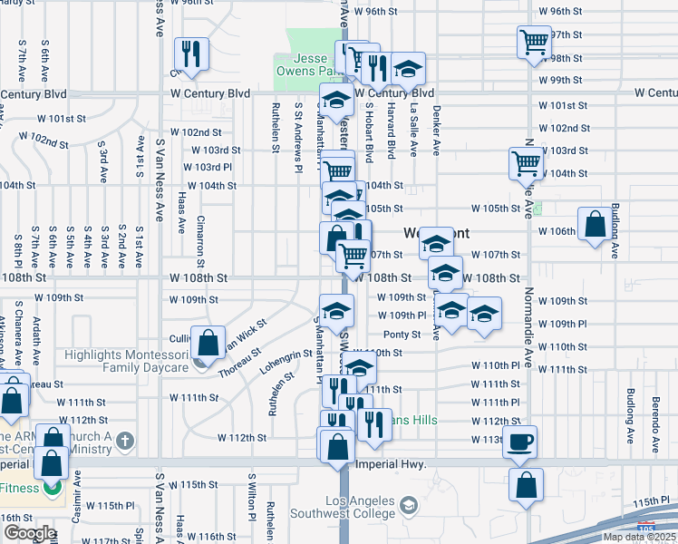 map of restaurants, bars, coffee shops, grocery stores, and more near 10705 South Western Avenue in Los Angeles