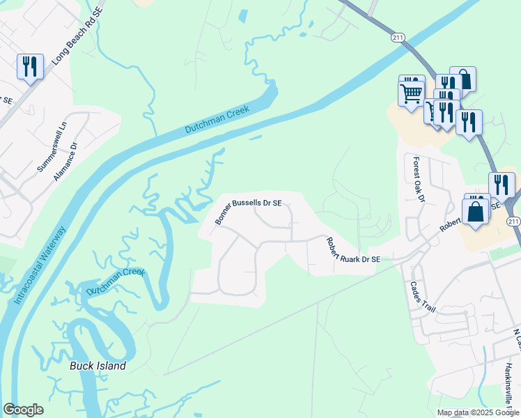 map of restaurants, bars, coffee shops, grocery stores, and more near 1011 Bonner Bussells Drive Southeast in Southport
