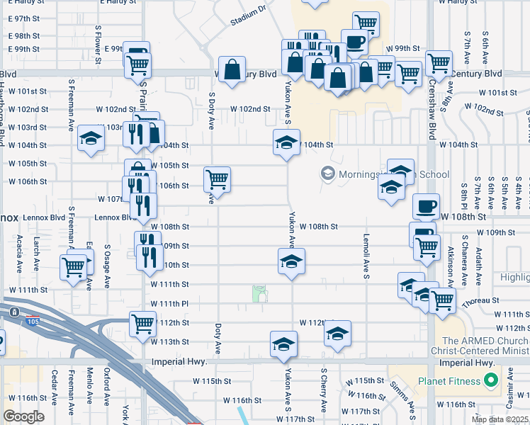map of restaurants, bars, coffee shops, grocery stores, and more near 3637 West 107th Street in Inglewood