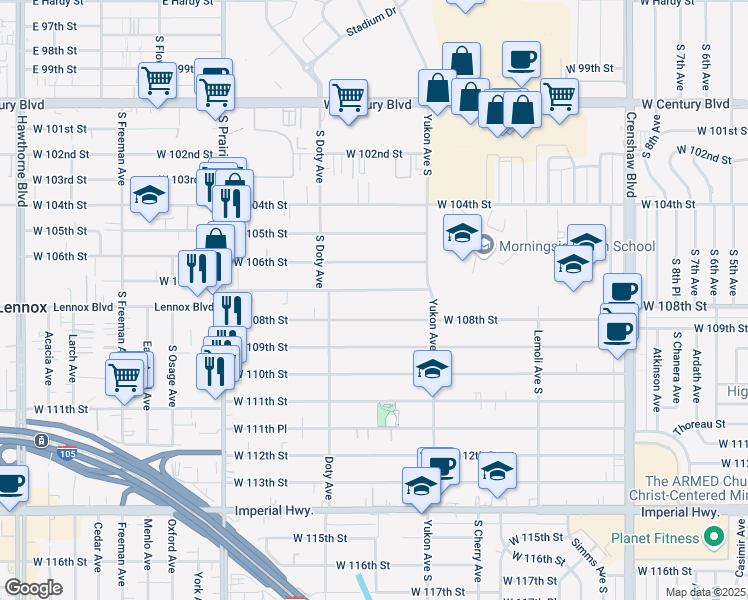 map of restaurants, bars, coffee shops, grocery stores, and more near 3711 West 107th Street in Inglewood