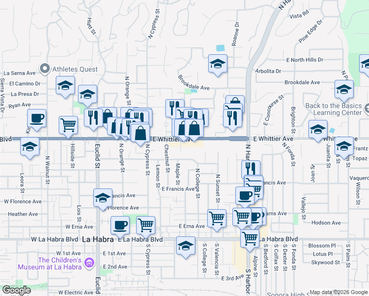 map of restaurants, bars, coffee shops, grocery stores, and more near 762 Maple Street in La Habra