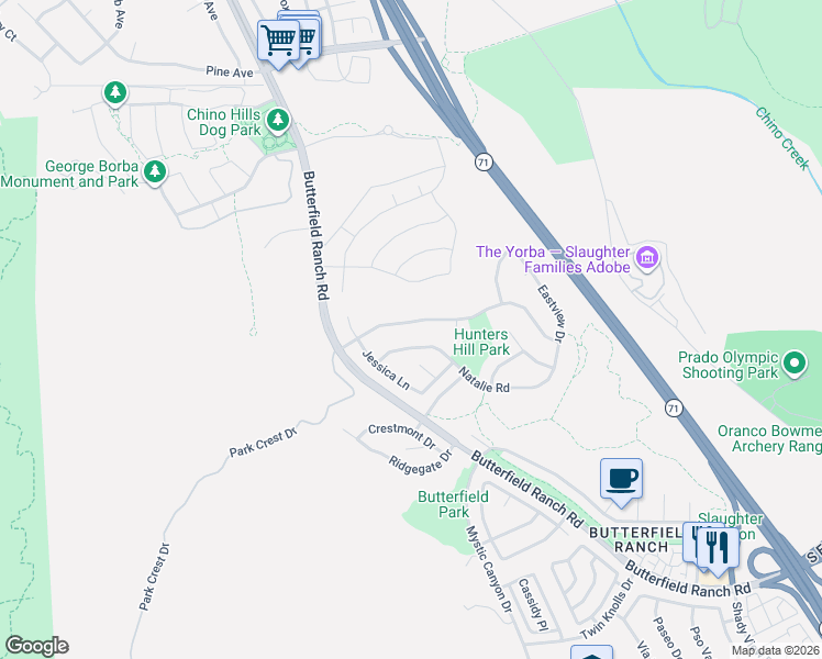 map of restaurants, bars, coffee shops, grocery stores, and more near 5953 Park Crest Drive in Chino Hills