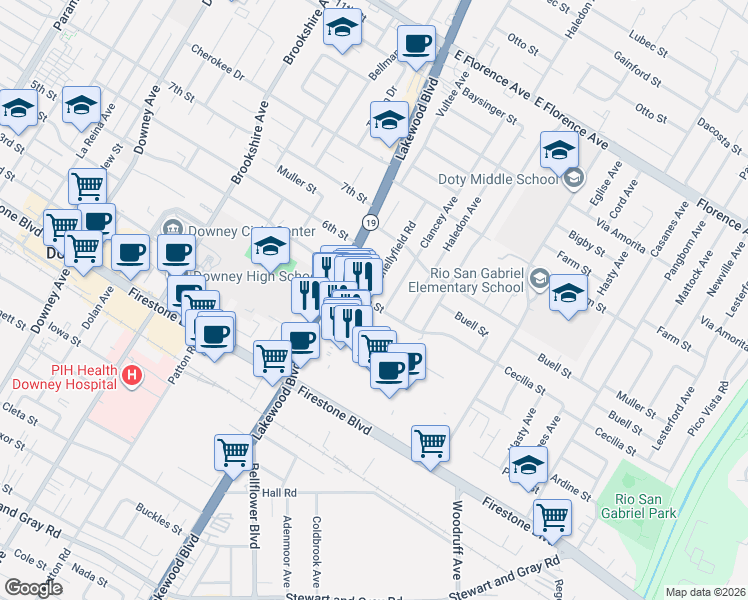 map of restaurants, bars, coffee shops, grocery stores, and more near 10729 Shellyfield Road in Downey