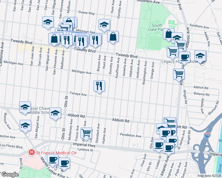 map of restaurants, bars, coffee shops, grocery stores, and more near 10243 Dorothy Avenue in South Gate