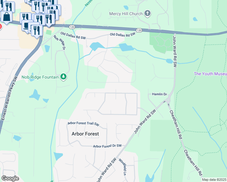map of restaurants, bars, coffee shops, grocery stores, and more near 2048 Winding Creek Lane Southwest in Marietta