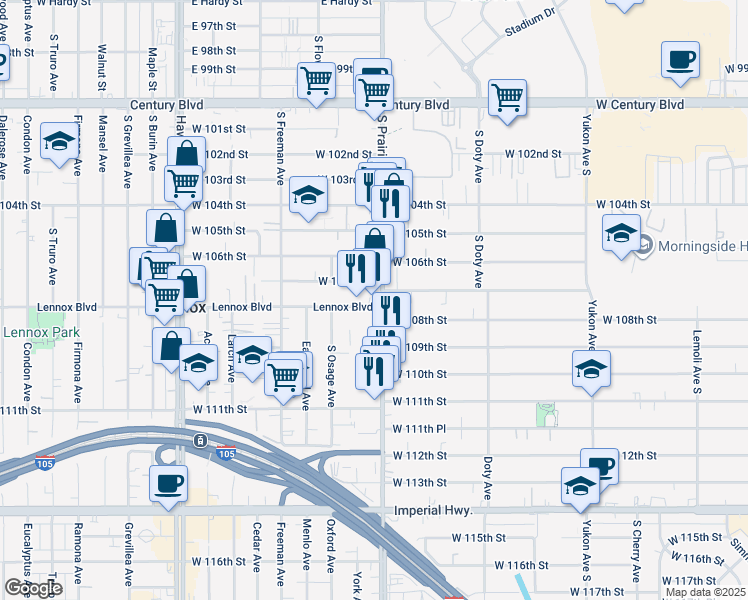 map of restaurants, bars, coffee shops, grocery stores, and more near 10626 Prairie Avenue in Inglewood