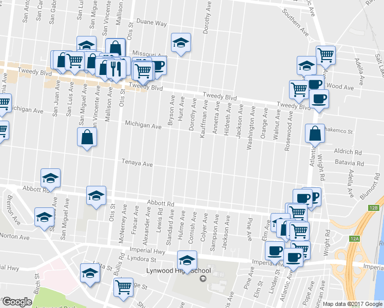 map of restaurants, bars, coffee shops, grocery stores, and more near 10306 Dorothy Avenue in South Gate
