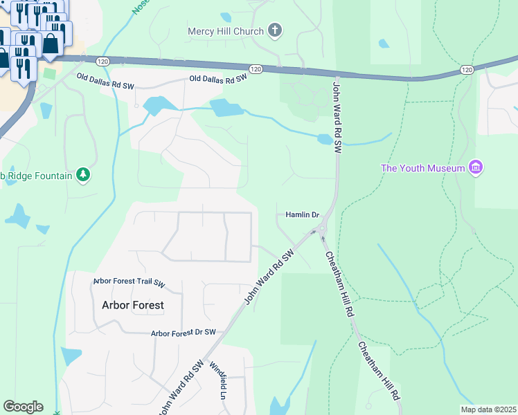 map of restaurants, bars, coffee shops, grocery stores, and more near 1982 Winding Creek Lane Southwest in Marietta