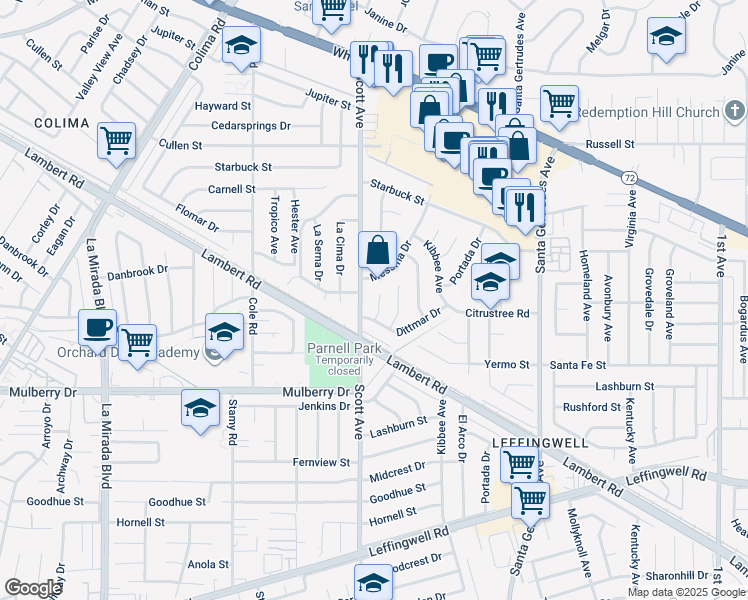 map of restaurants, bars, coffee shops, grocery stores, and more near 10613 Woodstead Avenue in Whittier