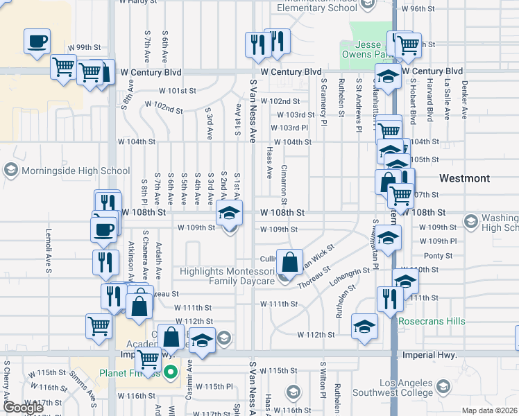 map of restaurants, bars, coffee shops, grocery stores, and more near 2151 West 108th Street in Los Angeles