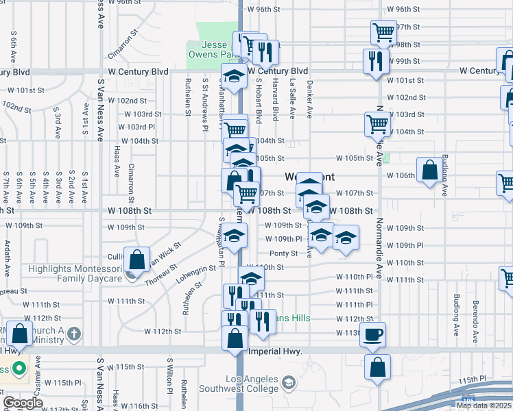 map of restaurants, bars, coffee shops, grocery stores, and more near 1735 West 108th Street in Los Angeles