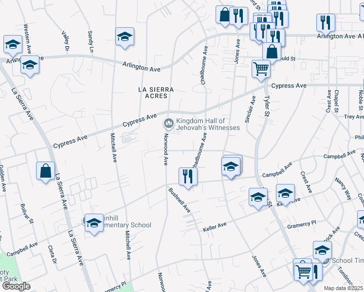 map of restaurants, bars, coffee shops, grocery stores, and more near 10555 Robinson Avenue in Riverside