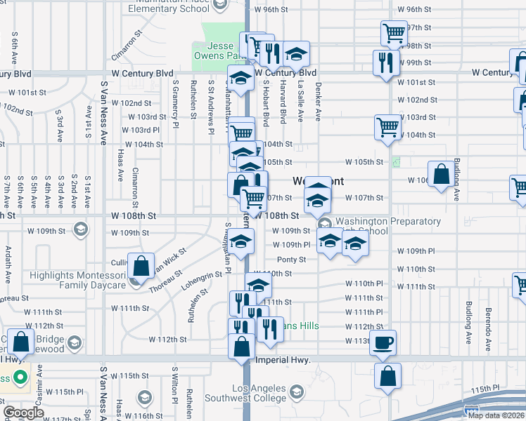 map of restaurants, bars, coffee shops, grocery stores, and more near 1735 West 108th Street in Los Angeles