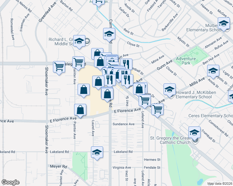 map of restaurants, bars, coffee shops, grocery stores, and more near 13444 Telegraph Road in Whittier