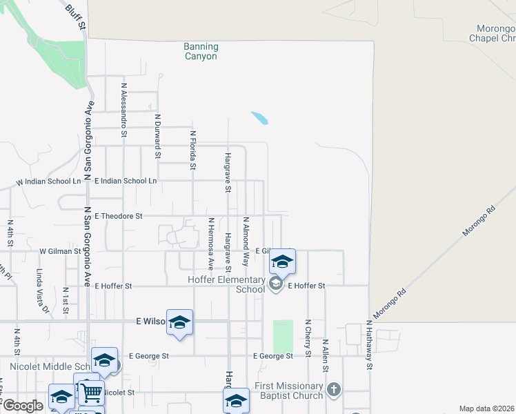 map of restaurants, bars, coffee shops, grocery stores, and more near North Blanchard Street in Banning