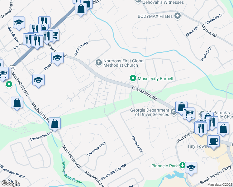 map of restaurants, bars, coffee shops, grocery stores, and more near 209 Meadowwood Commons in Norcross