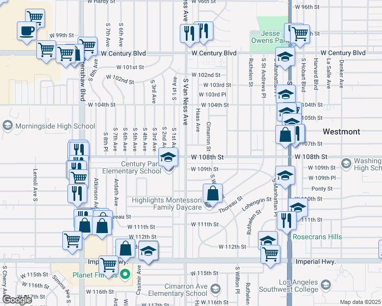 map of restaurants, bars, coffee shops, grocery stores, and more near 2151 West 108th Street in Los Angeles