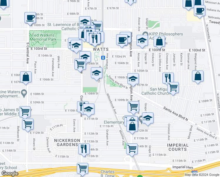 map of restaurants, bars, coffee shops, grocery stores, and more near 1716 East 107th Street in Los Angeles
