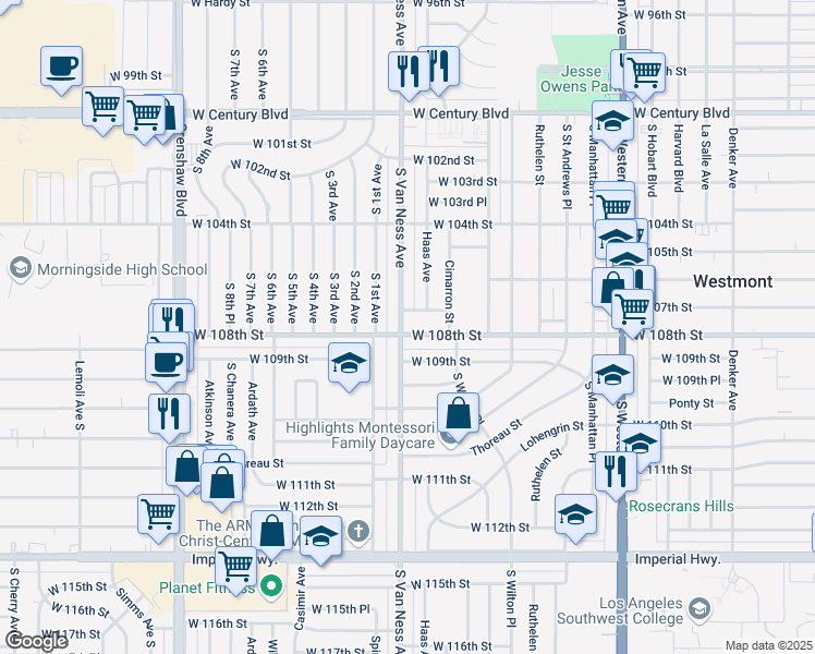 map of restaurants, bars, coffee shops, grocery stores, and more near 10631 Haas Avenue in Los Angeles