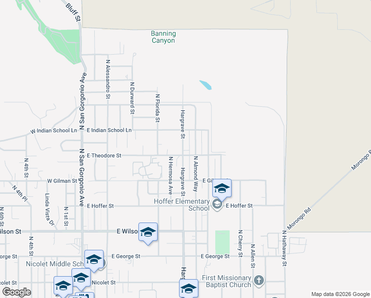 map of restaurants, bars, coffee shops, grocery stores, and more near 1494 North Hargrave Street in Banning
