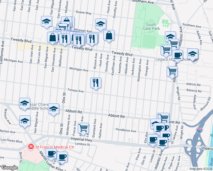 map of restaurants, bars, coffee shops, grocery stores, and more near 10306 Dorothy Avenue in South Gate