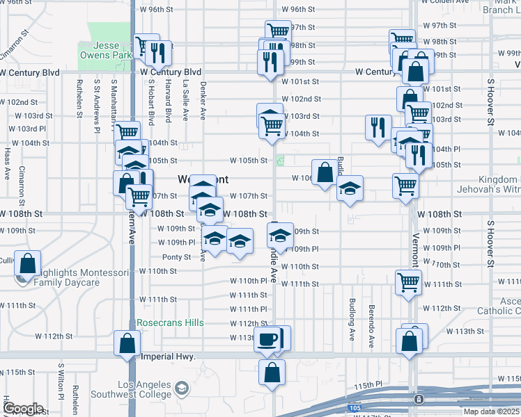 map of restaurants, bars, coffee shops, grocery stores, and more near 1402 West 107th Street in Los Angeles