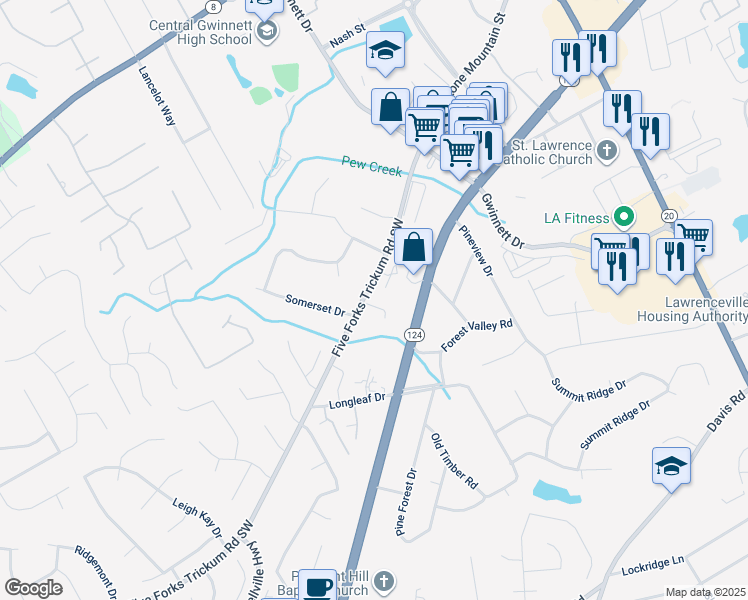 map of restaurants, bars, coffee shops, grocery stores, and more near 320 Sprucewood Court in Lawrenceville