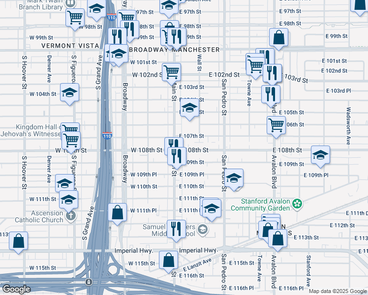 map of restaurants, bars, coffee shops, grocery stores, and more near 123 East 108th Street in Los Angeles