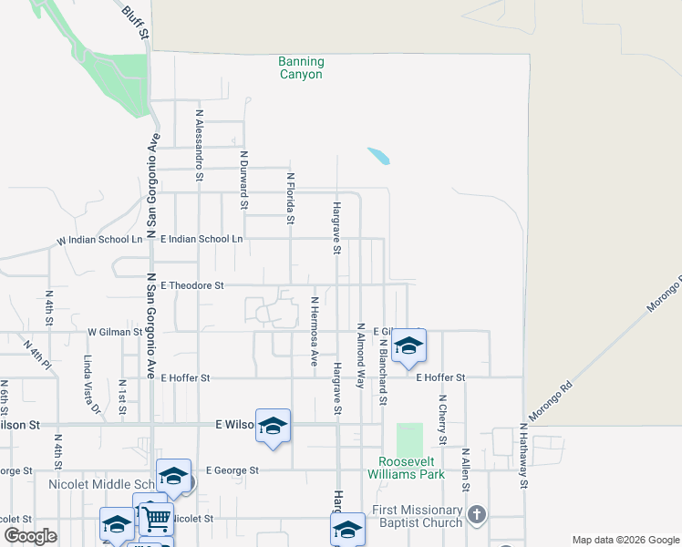 map of restaurants, bars, coffee shops, grocery stores, and more near 1494 North Hargrave Street in Banning