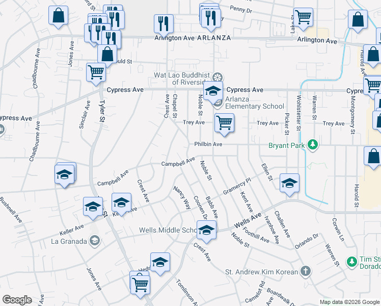 map of restaurants, bars, coffee shops, grocery stores, and more near 5692 Babb Avenue in Riverside