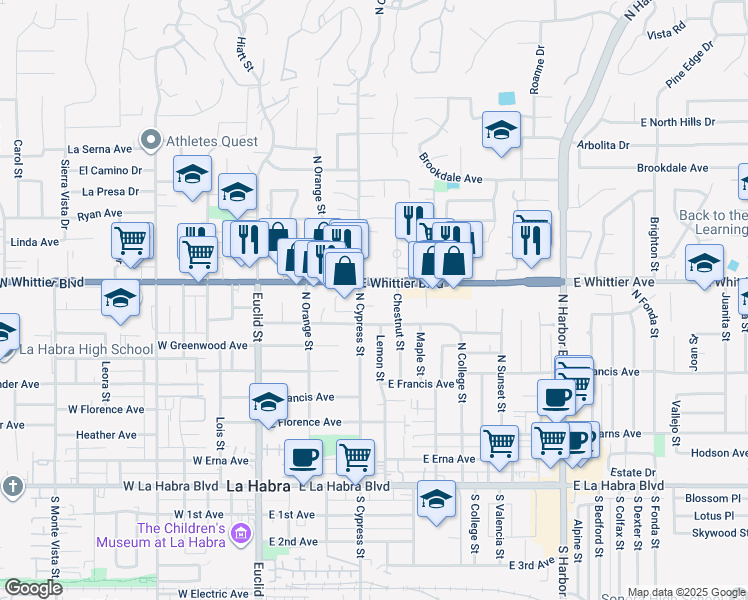 map of restaurants, bars, coffee shops, grocery stores, and more near 761 Chestnut Street in La Habra