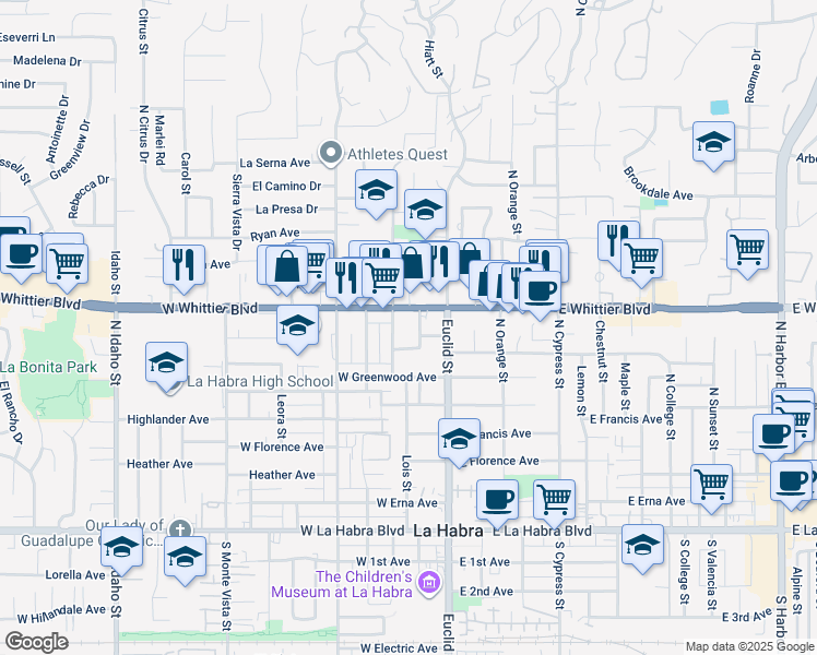 map of restaurants, bars, coffee shops, grocery stores, and more near 240 West Whittier Boulevard in La Habra