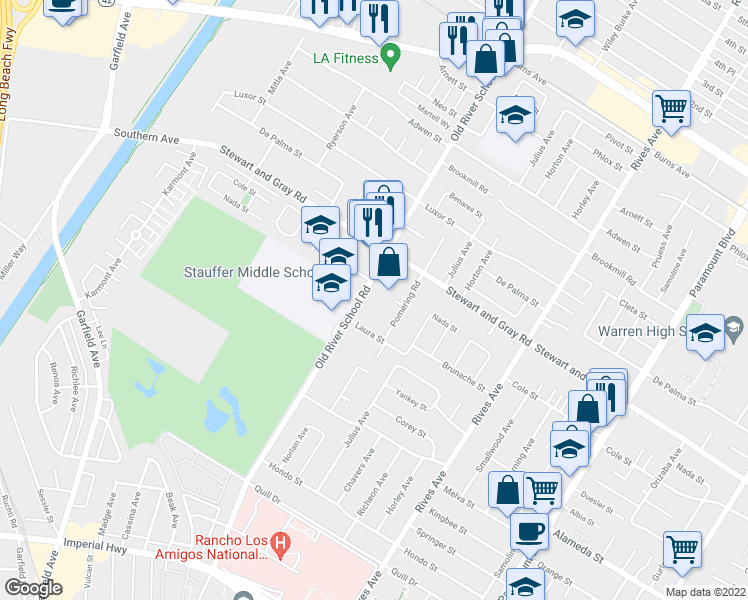 map of restaurants, bars, coffee shops, grocery stores, and more near 7564 Nada Street in Downey