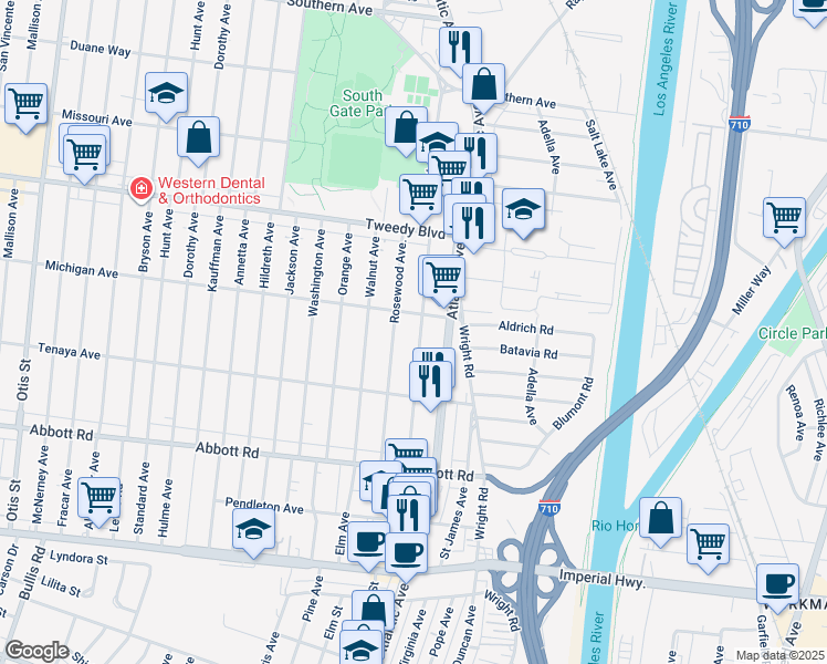 map of restaurants, bars, coffee shops, grocery stores, and more near 10206 Rosewood Avenue in South Gate