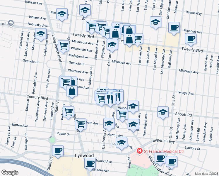 map of restaurants, bars, coffee shops, grocery stores, and more near 3518 Tenaya Avenue in South Gate