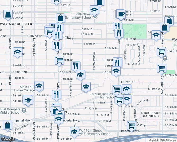 map of restaurants, bars, coffee shops, grocery stores, and more near 822 East 107th Street in Los Angeles