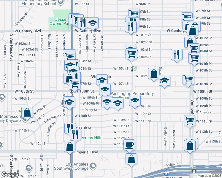 map of restaurants, bars, coffee shops, grocery stores, and more near 1526 West 107th Street in Los Angeles