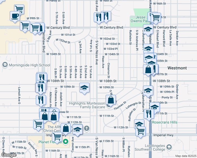 map of restaurants, bars, coffee shops, grocery stores, and more near 10631 Haas Avenue in Los Angeles