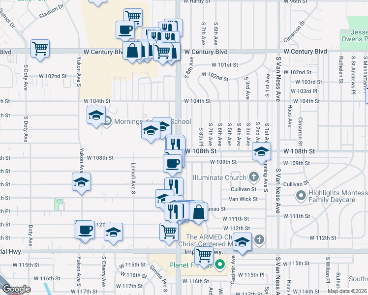map of restaurants, bars, coffee shops, grocery stores, and more near 10634 Crenshaw Boulevard in Inglewood