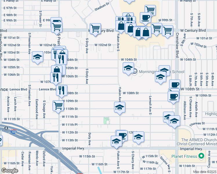 map of restaurants, bars, coffee shops, grocery stores, and more near 3637 West 107th Street in Inglewood