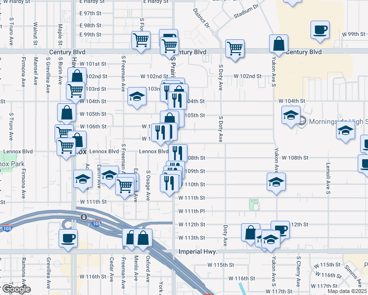 map of restaurants, bars, coffee shops, grocery stores, and more near 3928 West 107th Street in Inglewood