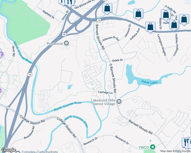 map of restaurants, bars, coffee shops, grocery stores, and more near 490 Barnett Shoals Road in Athens
