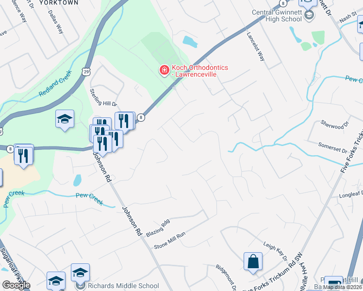 map of restaurants, bars, coffee shops, grocery stores, and more near 140 Harrington Lane in Lawrenceville