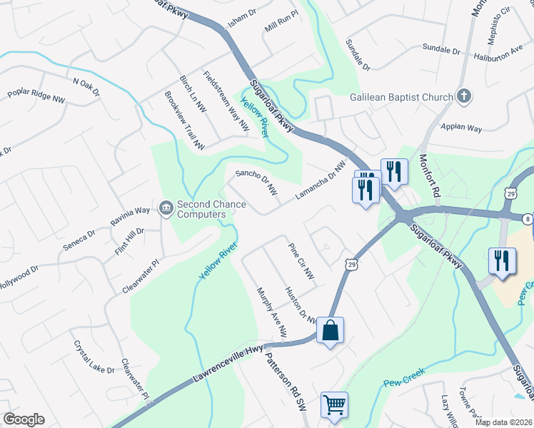 map of restaurants, bars, coffee shops, grocery stores, and more near 1733 Lamancha Drive Northwest in Lawrenceville