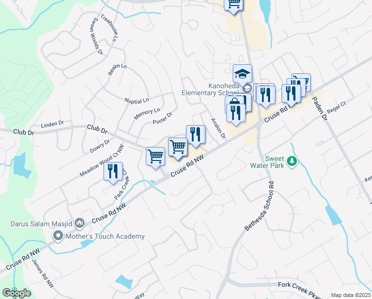 map of restaurants, bars, coffee shops, grocery stores, and more near 1001 Primrose View Circle Northwest in Lawrenceville