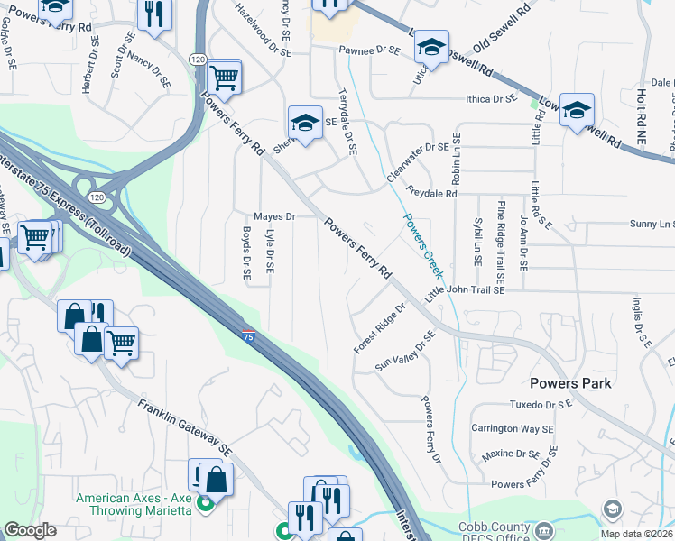 map of restaurants, bars, coffee shops, grocery stores, and more near 568 Mayjo Court Southeast in Marietta