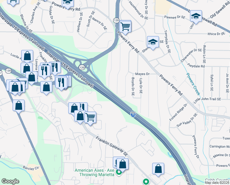 map of restaurants, bars, coffee shops, grocery stores, and more near 601 Meadowbrook Drive Southeast in Marietta