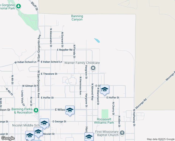 map of restaurants, bars, coffee shops, grocery stores, and more near in Banning