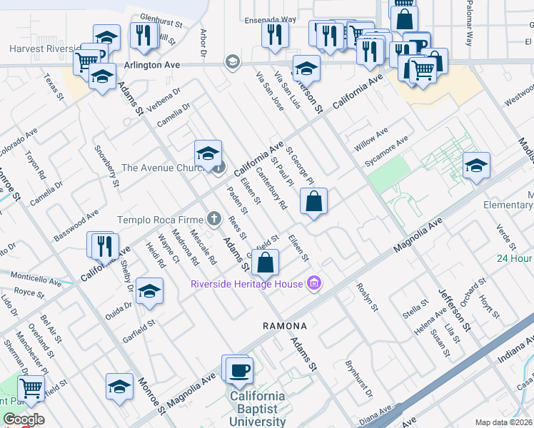 map of restaurants, bars, coffee shops, grocery stores, and more near 4136 Eileen Street in Riverside
